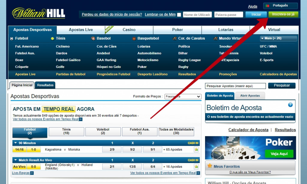 Métodos para obter codigo promocional William Hill em Portugal